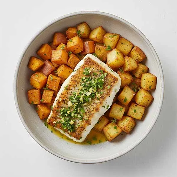Gremolata Fish With Lemon Butter Sauce And Dual Potato Roast